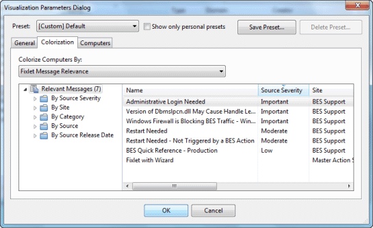 This window displays the Colorization tab of the Visualization Parameters dialog under which you can customize the colors for a graphical representation of your network.