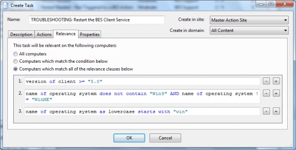 This window displays the Create Task dialog with the Relevance tab selected. Under the Relevance tab you can create and edit dialogs.