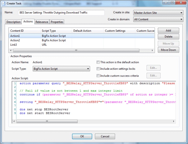 This window displays the Actions tab of the Creation/Edit dialogs where you can create Actions for your new or customized Fixlet or Task object.