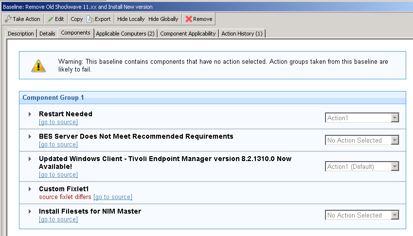 This window displays the Baseline Components List dialog showing the sync status of each component.