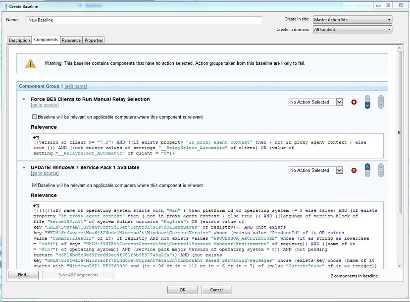 This window displays the Components tab of the Create Baseline dialog. It has two components as an example.