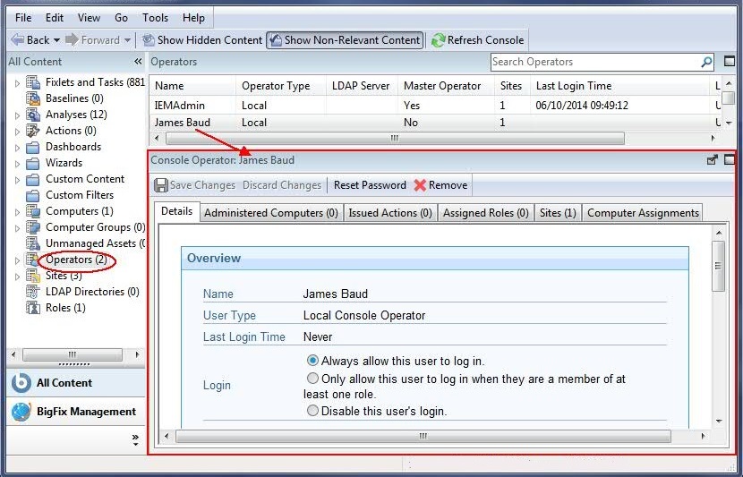 This window displays the All Content Domain and the node labeled Operators from the Domain Panel. A List Panel is displayed on the right, all the current operators are listed in the work area.