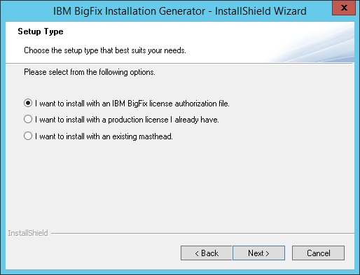 Select the first option: I want to install with a BigFix license authorization file