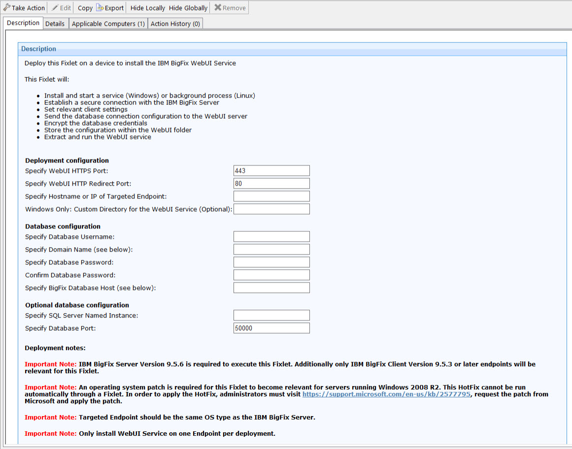 Image of the WebUI Installation Fixlet for V9.5.6.