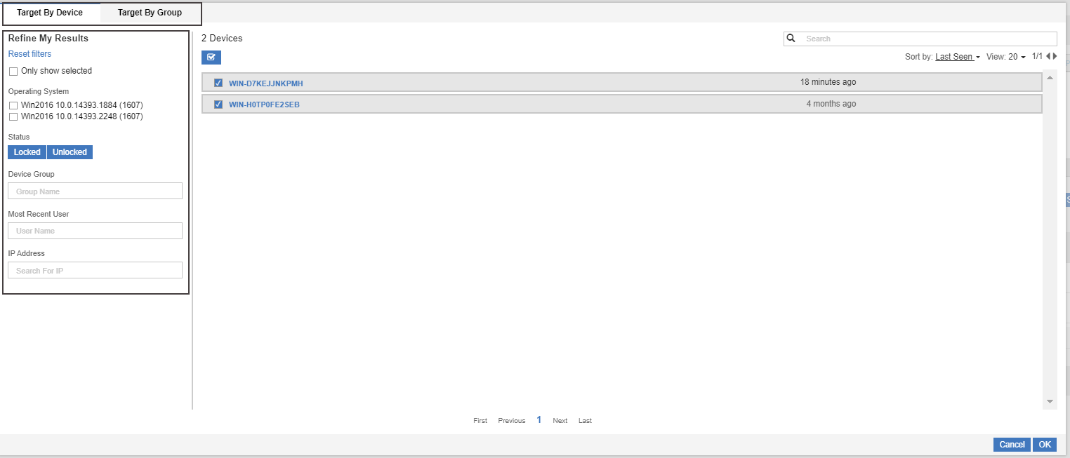 Image of the device list. Annotations: Target by device or computer group. Filter to locate targets quickly. Open and close the filter panel with the icon shaped like a funnel.