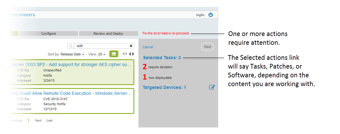 Image of the right panel. Annotations: a) The "Fix the error below to proceed" message indicates that one or more actions require attention. b) The Selected actions link says Tasks, Patches, or Software, depending on the content you are working with.