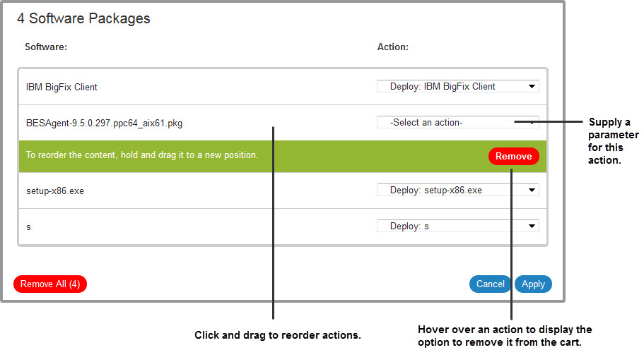 Image of the Decision dialog. Annotations: a) Click Remove to remove an individual action. b) Remove content that cannot be deployed. c) Click the Select an Action field to supply a parameter for this action.