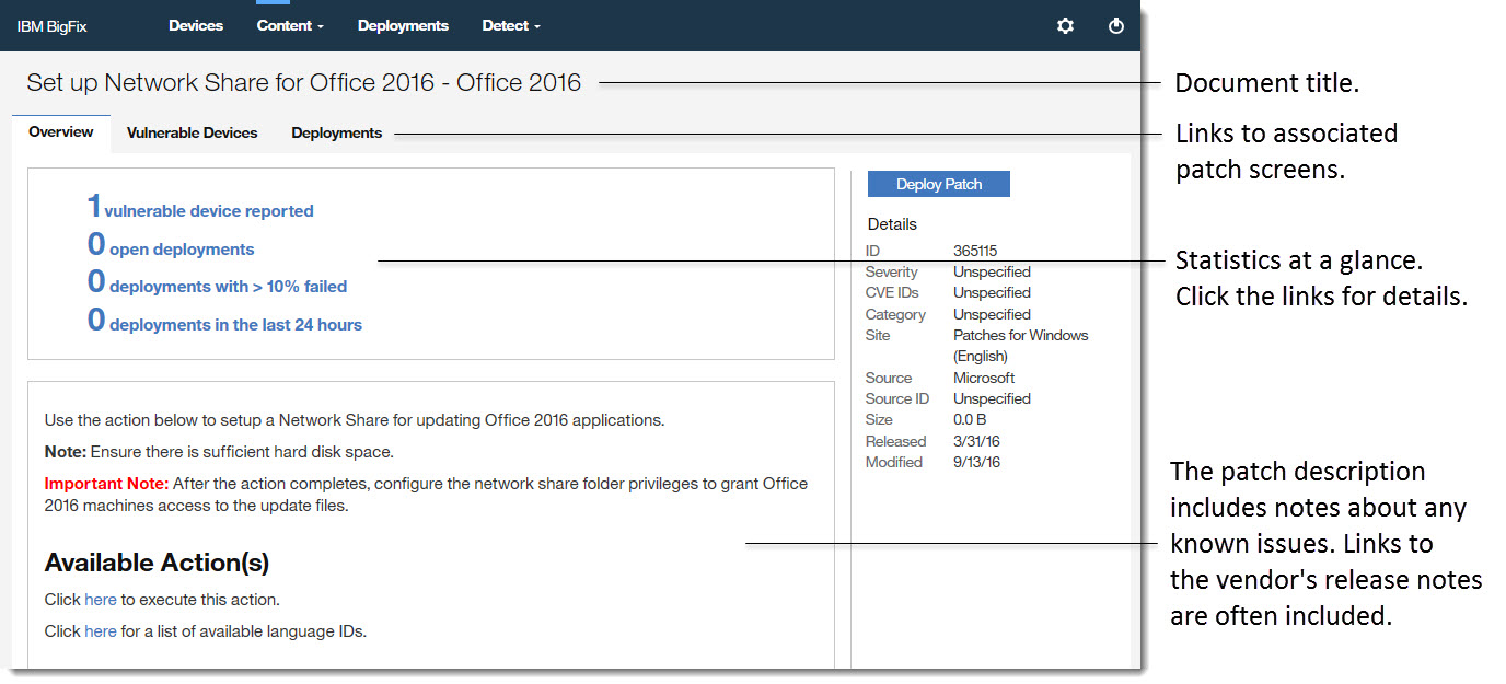 Image of a patch document. Annotations: a) Document title (upper left). b) Click the links to see different parts of the document. c) Click the numbers for more details. d) The patch description includes notes about any known issues. A link to the vendor's Release Notes is often included.