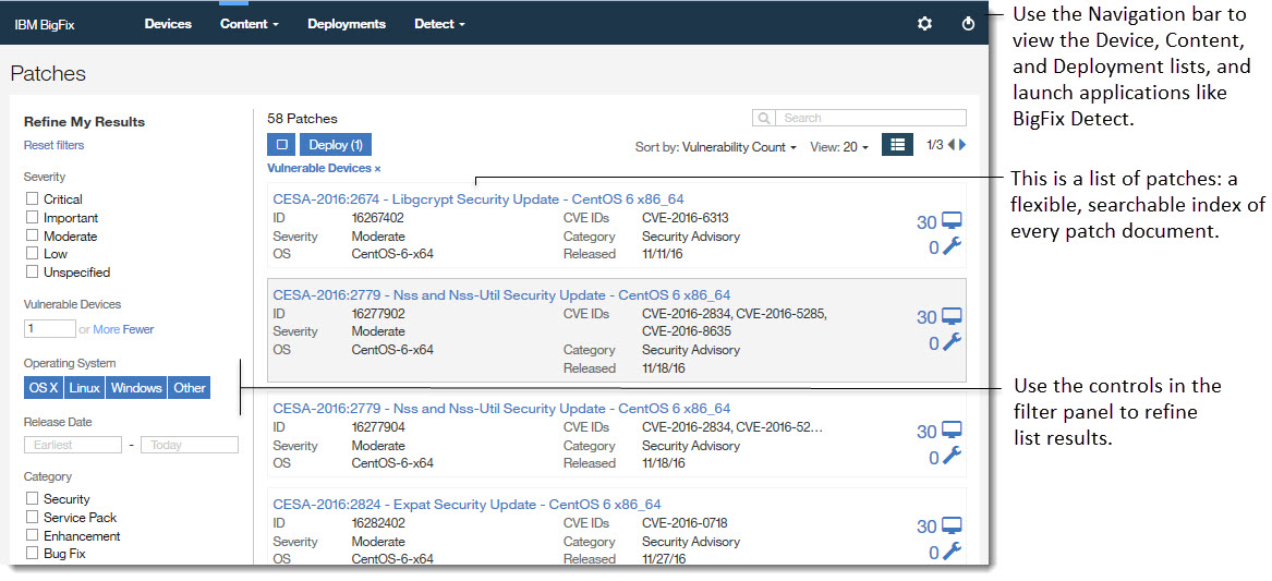 Image of Navigation bar. Annotations: a) The Navigation bar opens the Device, Content, and Deployment lists. This image shows a patch list: a flexible, searchable index of every patch document. b) Use the filters to refine list results. For example, to see critical Windows patches issued in the past 10 days.