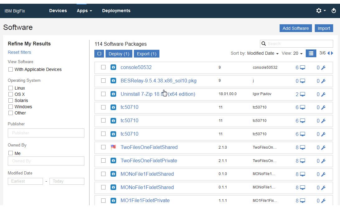 Image of Software Package list and the location of the Add Software link above and to the right of the Deploy button.