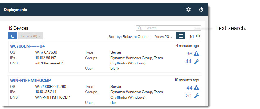 Image of the device list with the Text Search box at the upper right.