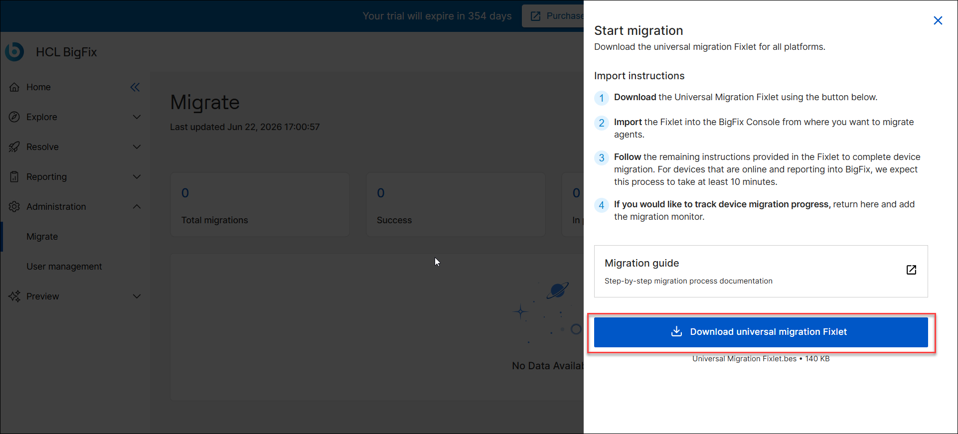 Download universal migration Fixlet