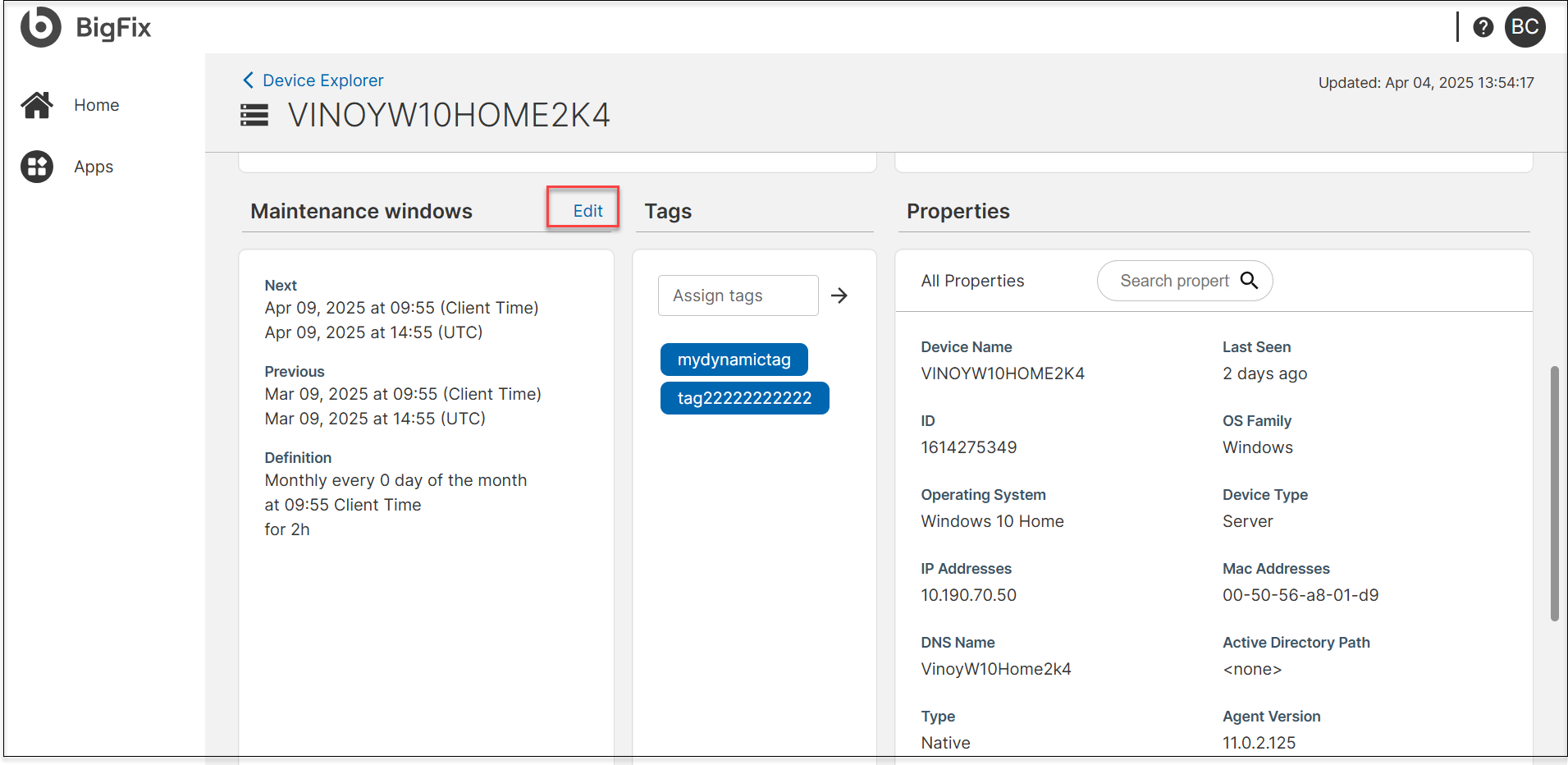 Edit Maintenance Window