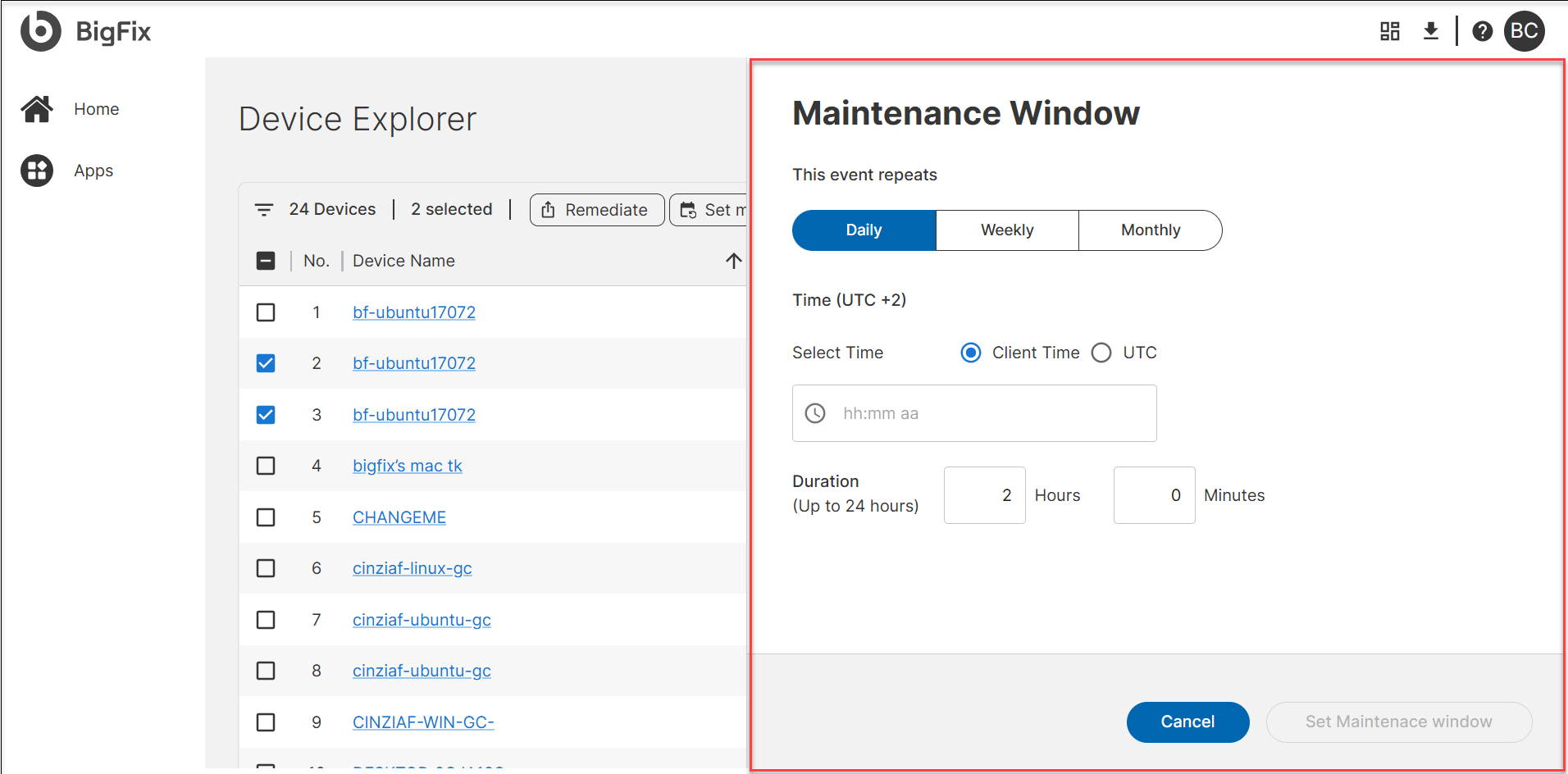 Setting up maintenance window
