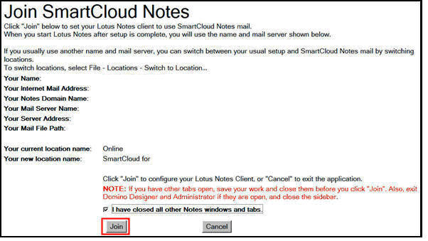 Join SmartCloud Notes dialog