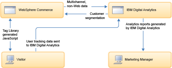 This image illustrates the relationship among your site, customers, and IBM Digital Analytics.