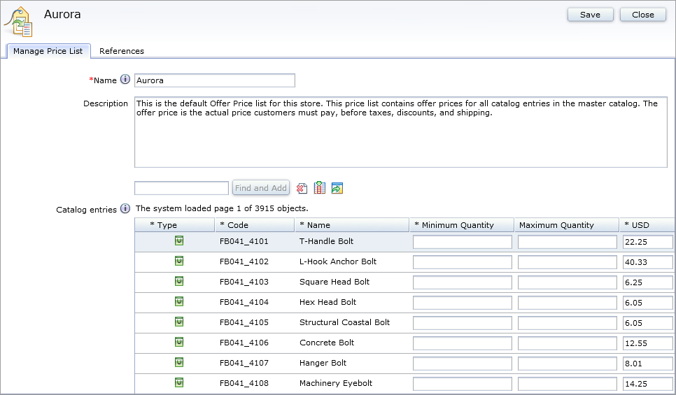 A price list in the Catalog Filter and Pricing tool