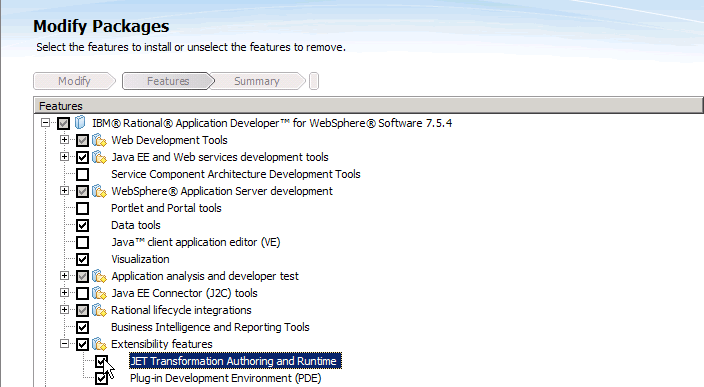 Modify Features selection, select JET Transformation and Authoring Runtime