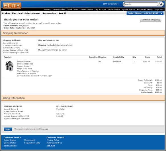 Order Confirmation screen capture