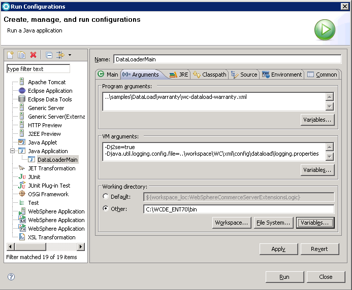 Screen capture of the Run Configuration menu - Arguments Tab