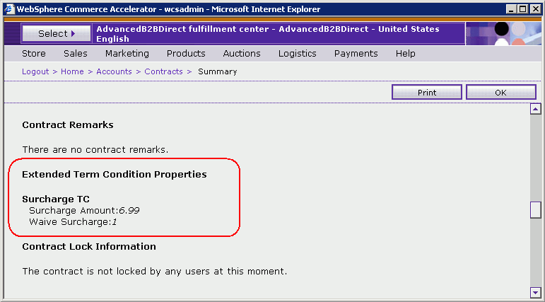 A screen capture of the Contracts Summary page, which highlights the Extended terms and conditions.