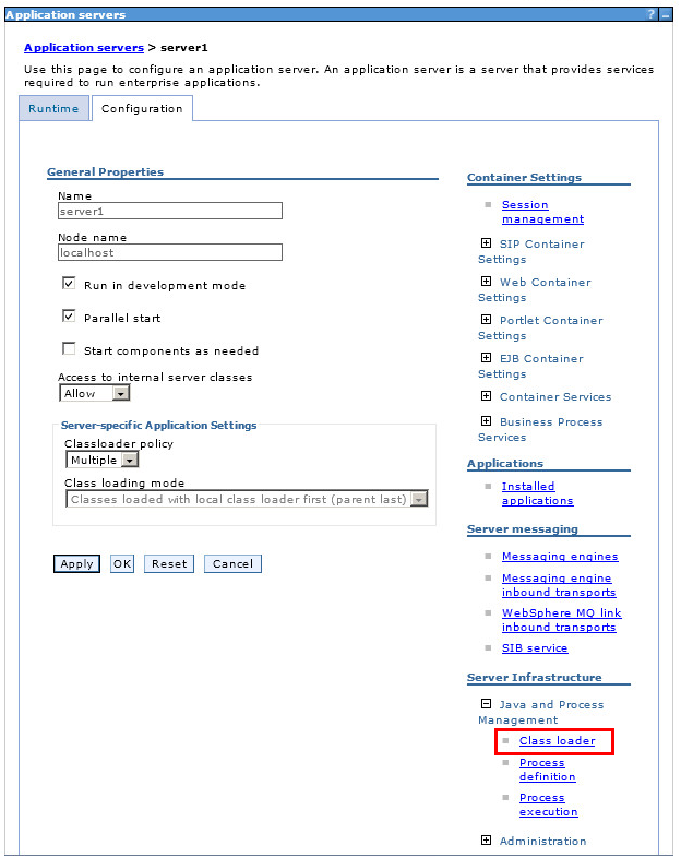 Application server configuration window