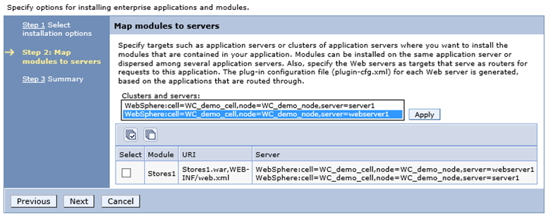 Map modules to servers options