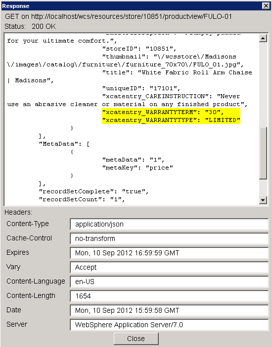 REST service response with warranty term and warranty type displayed.