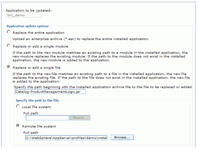 Specify the EAR, WAR, JAR, or SAR module to upload and install. A screen capture of the WebSphere Application Server administrative console.