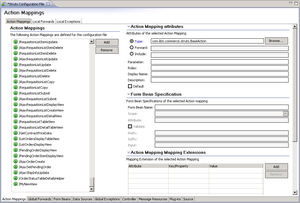 A screen capture of the Action Mappings tab of the Struts Configuration File editor.