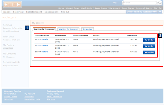 My Account: My Orders, Previously Processed tab screen capture
