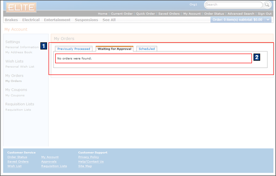 My Account: My Orders, Waiting for Approval tab screen capture