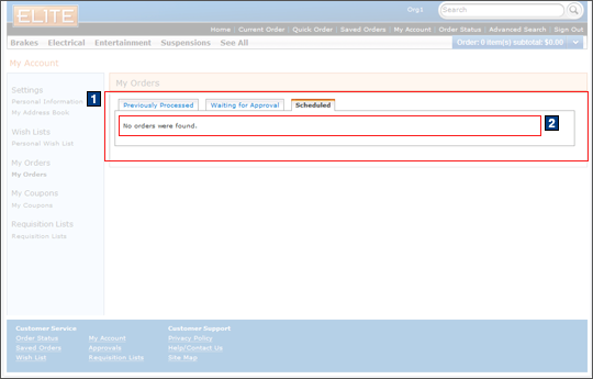 My Account: My Orders, Scheduled tab screen capture