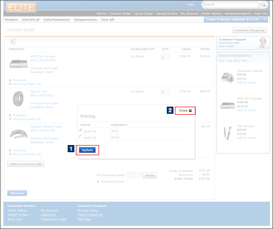 Contract Price Pop-up screen capture