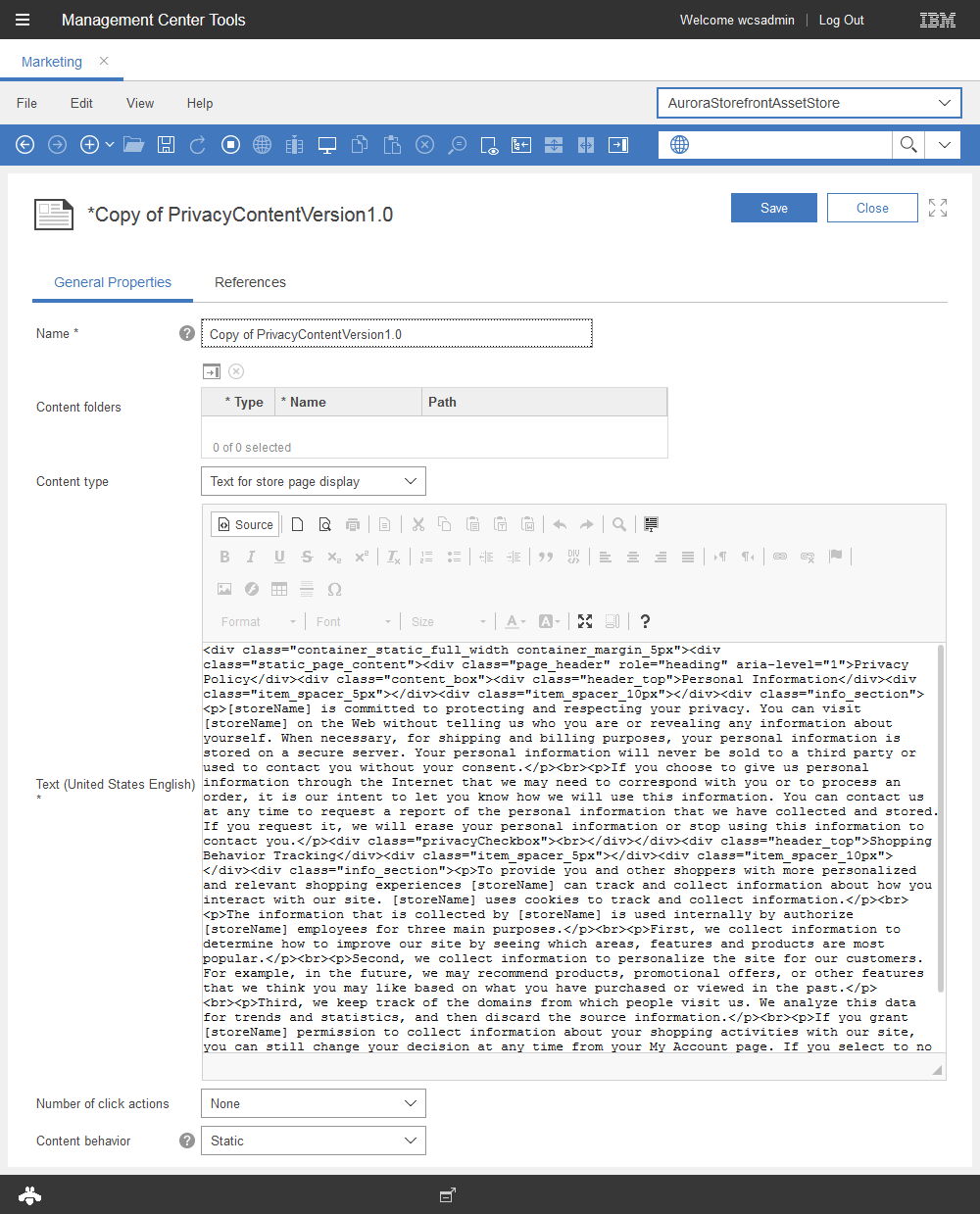 Image that shows the properties for a privacy content version.