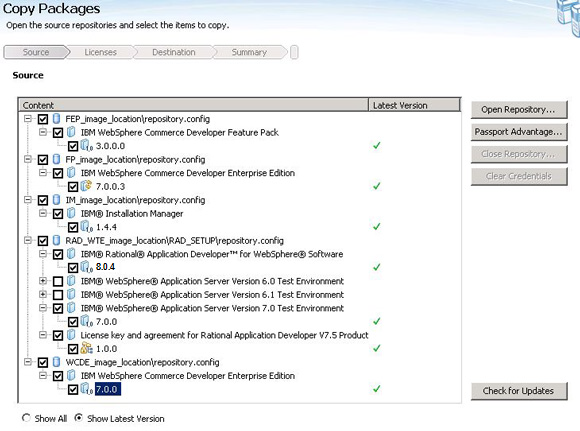 Example of products you might select to be copied to the central repository