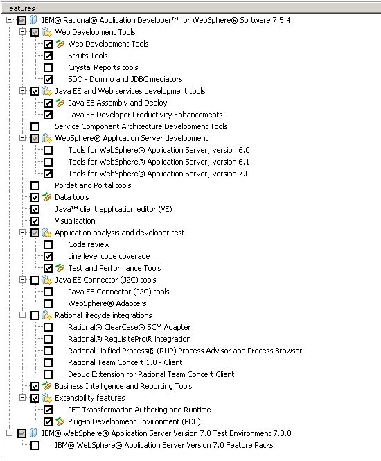 Example of the listed features being selected during a Rational Application Developer installation