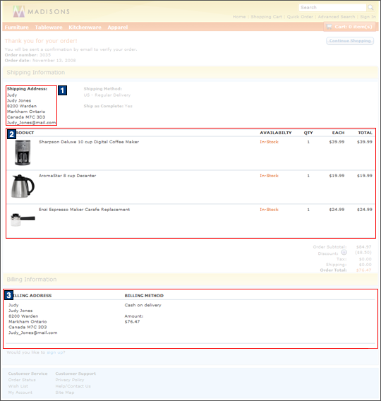 Checkout confirmation: Single shipping and billing address screen capture