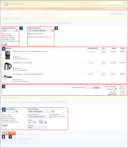 Checkout method: Single shipping and billing address screen capture