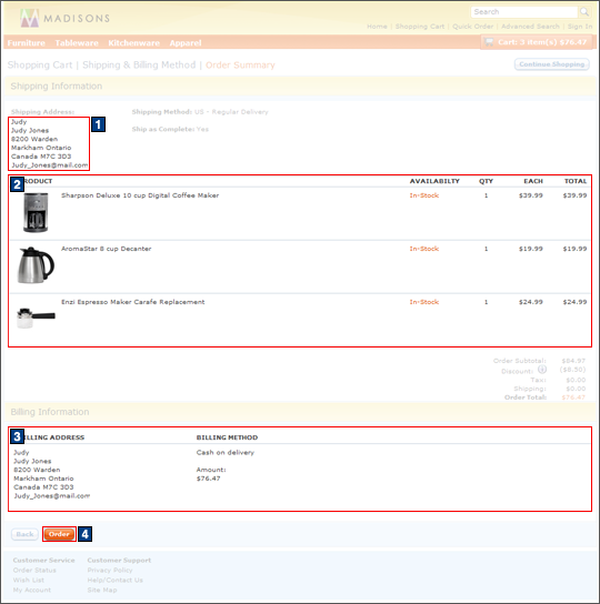 Checkout summary: Single shipping and billing address screen capture