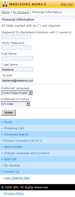 Mobile My Account: Personal information screen capture