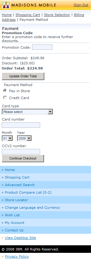 Mobile checkout payment method screen capture