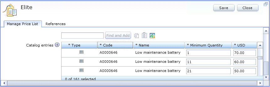 Range pricing in a price list