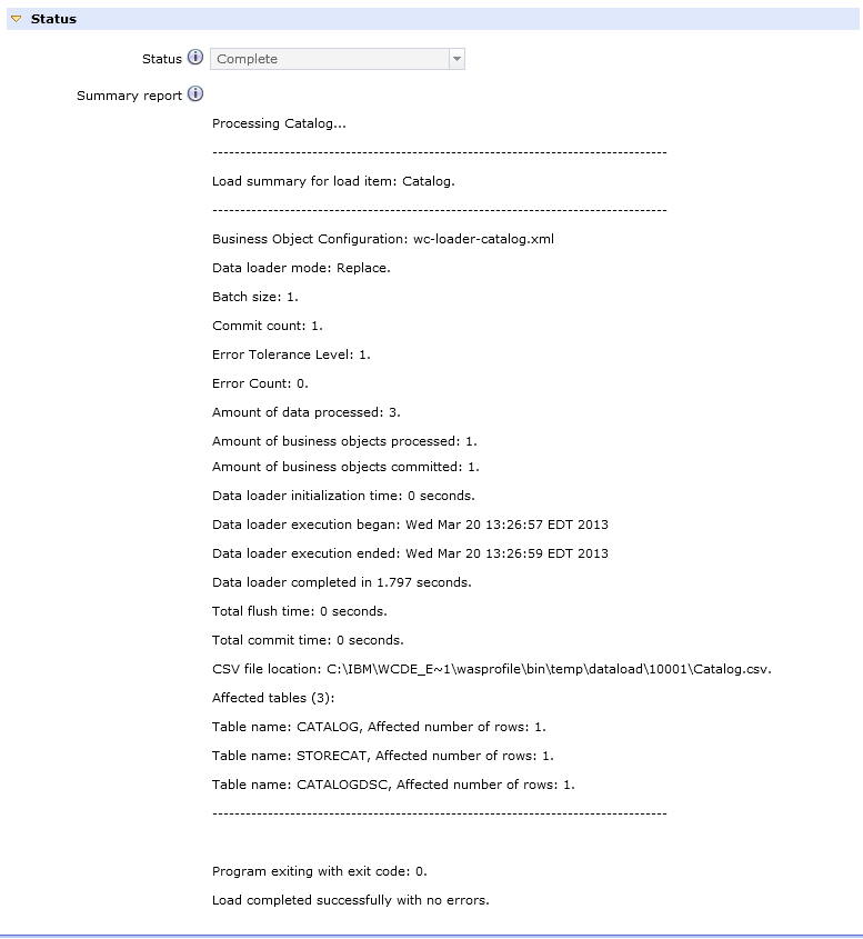 Sample summary report for Catalog Upload