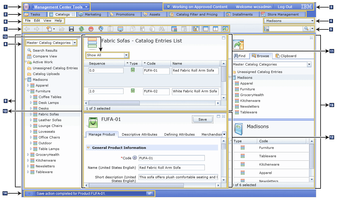 Management Center user interface screen capture containing numbered labels for different components