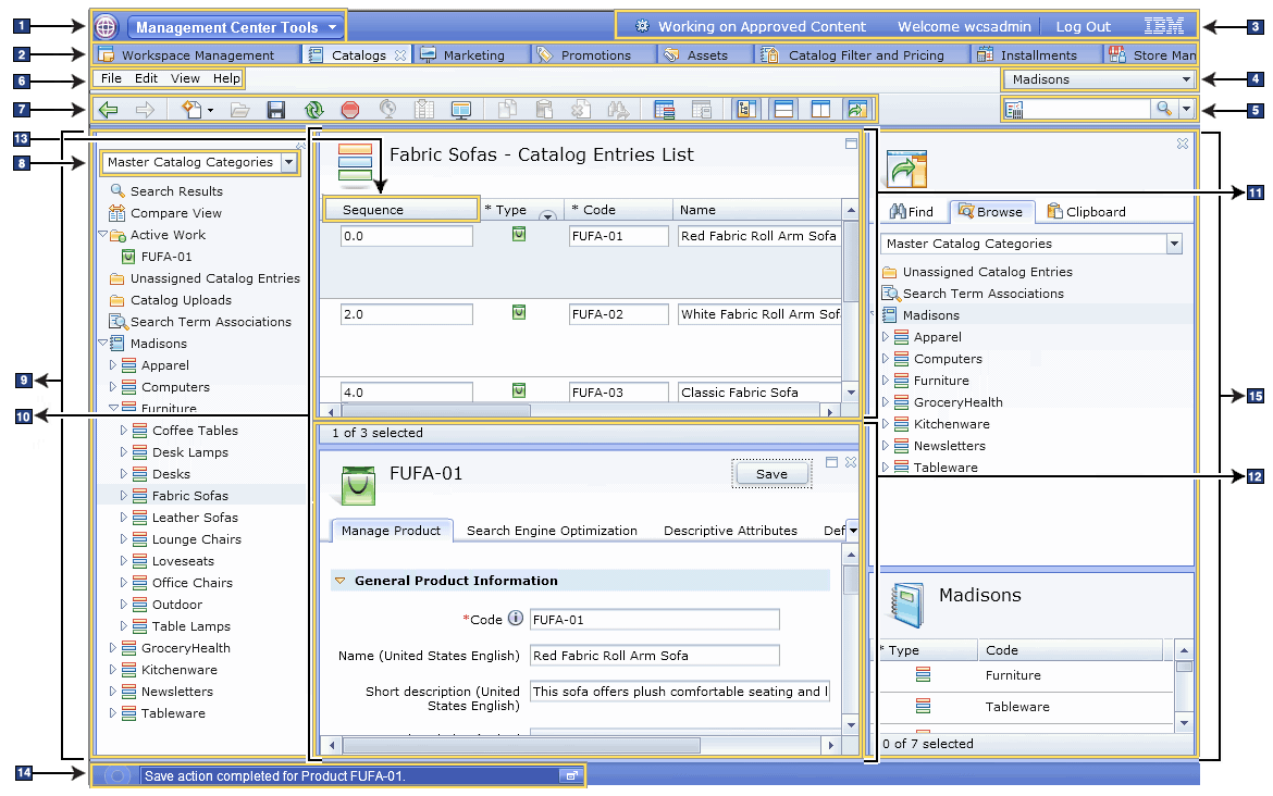 Management Center user interface screen capture containing numbered labels for different components