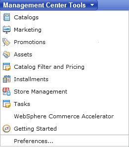 Management Center tools menu with workspaces and WebSphere Commerce Accelerator menu option enabled