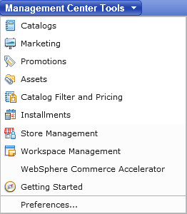 Management Center tools menu with workspaces enabled