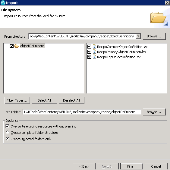 Screen capture that displays the Import dialog in WebSphere Commerce Developer.