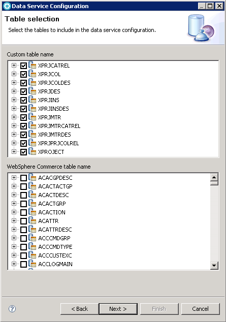 Screen capture that displays which custom tables to select for the Recipes tool.